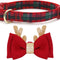 Christmas Dog Collar, Plaid Dog Collar and Cute Glitter Reindeer Antler with Bowtie, Soft & Comfy Xmas Dog Collars, for Large Dogs