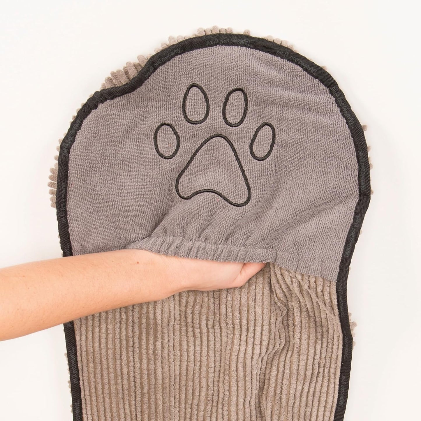 the Dirty Dog Shammy - Fast Drying Dog Bath Towel - Plush Shammy Towel for Dog with Dual Hand Pockets and Elastic - Super Absorbent Microfiber and Machine Washable - Grey